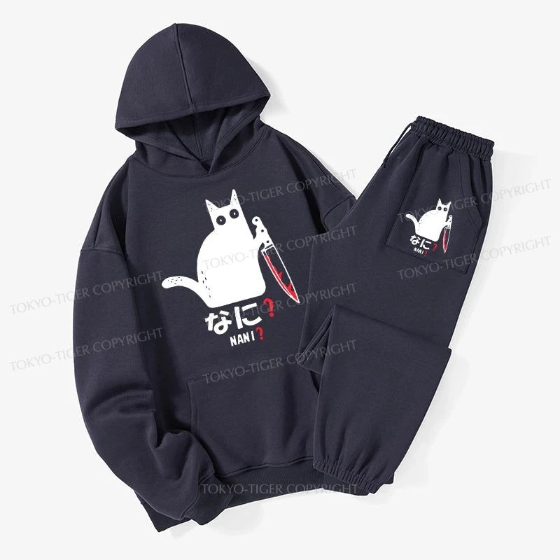 Tokyo-Tiger A Puzzled Cat Holding A Knife Fleece Lined Hoodie Set