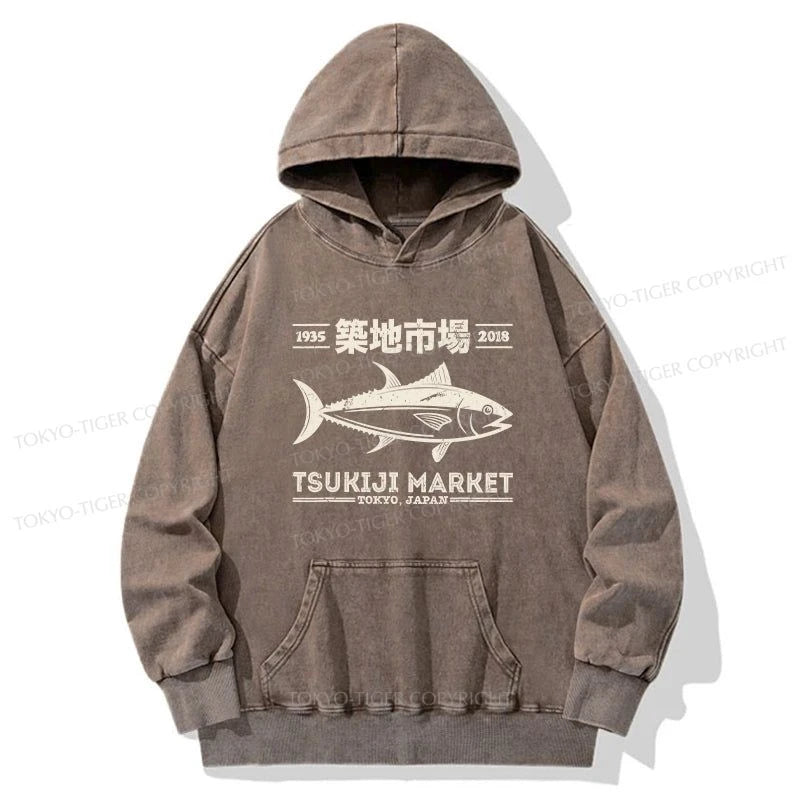 Tokyo-Tiger Retro Tsukiji Fish Market Streetwear Tokyo Washed Hoodie