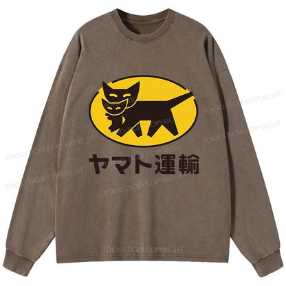 Tokyo-Tiger Black Cat Transport Pattern Japanese Washed Long Sleeve T-Shirt