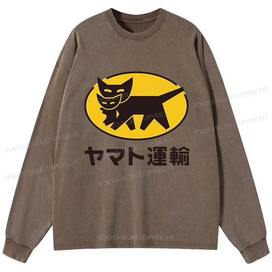 Tokyo-Tiger Black Cat Transport Pattern Japanese Washed Long Sleeve T-Shirt