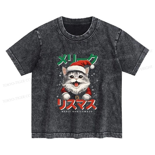 Tokyo-Tiger Cute Christmas Cat Kids Washed T-Shirt