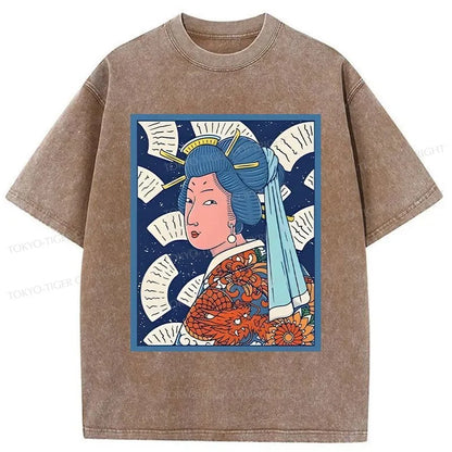 Tokyo-Tiger Ukiyoe Girl With Pearl Earring Washed T-Shirt