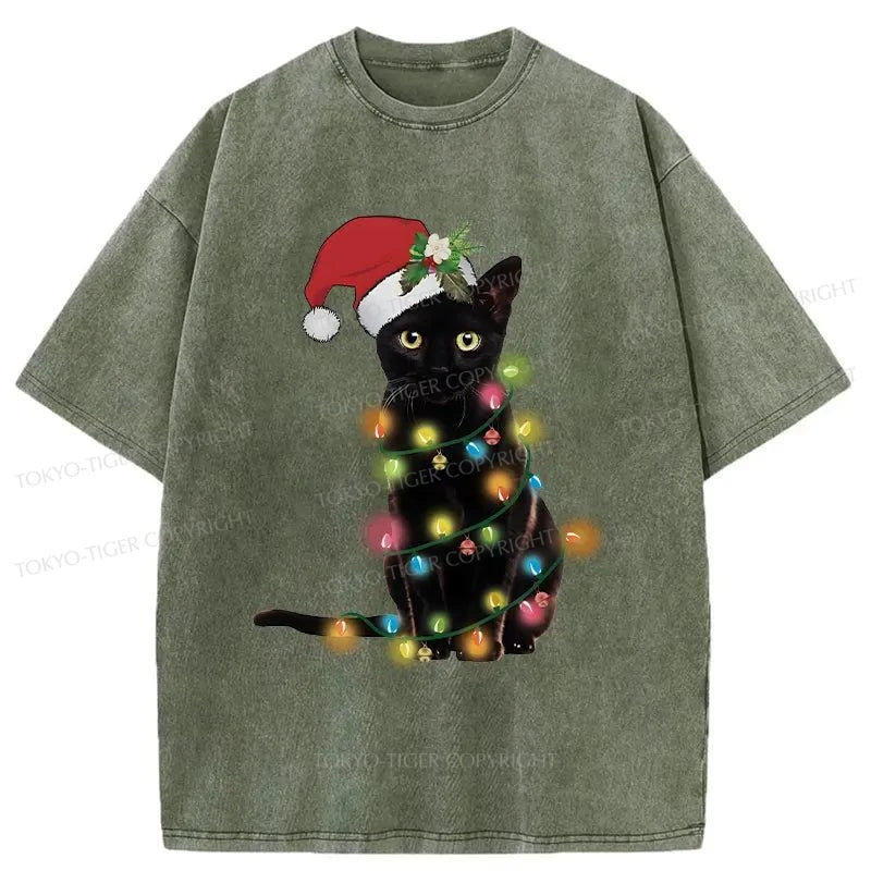 Tokyo-Tiger Cute Black Cat Christmas Washed T-Shirt