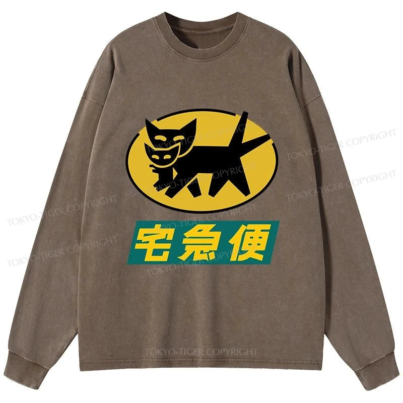 Tokyo-Tiger Black Cat Quick Transport Washed Long Sleeve T-Shirt