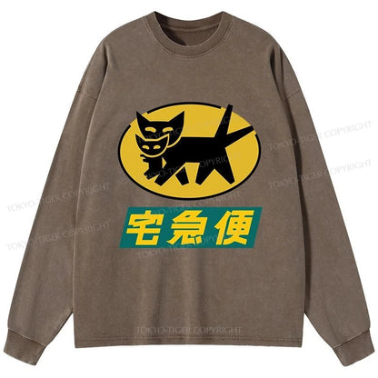 Tokyo-Tiger Black Cat Quick Transport Washed Long Sleeve T-Shirt