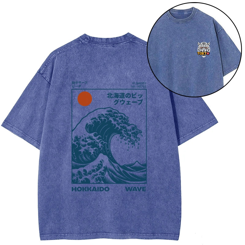 Tokyo-Tiger Hokkaido Wave Japan Front Back Washed T-Shirt