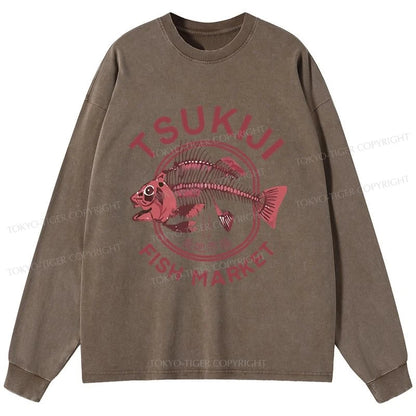 Tokyo-Tiger Tokyo Tsukiji Fish Market Vintage Japan Washed Long Sleeve T-Shirt