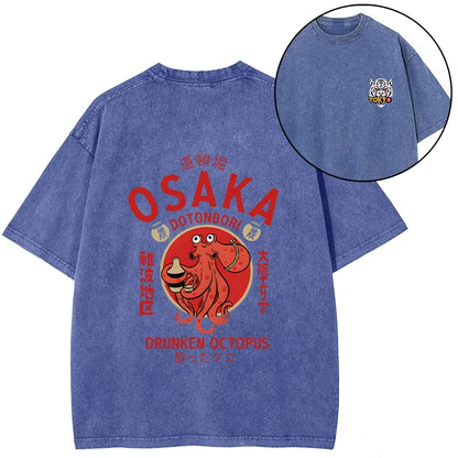 Tokyo-Tiger Drunken Octopus Japan Front Back Washed T-Shirt