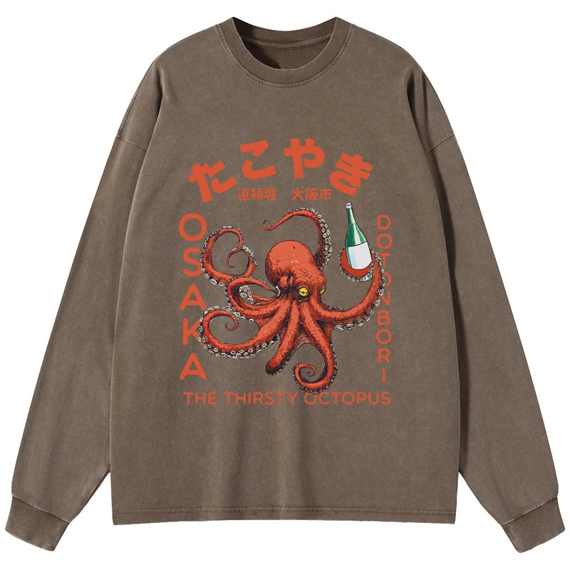 Tokyo-Tiger Octopus Drinks Soju Washed Long Sleeve T-Shirt