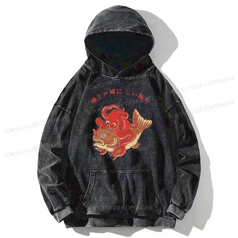 Tokyo-Tiger Octopus And Koi Dance Together Washed Hoodie