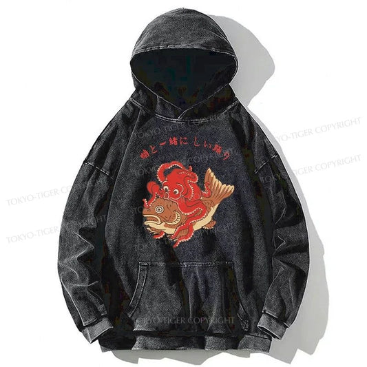 Tokyo-Tiger Octopus And Koi Dance Together Washed Hoodie