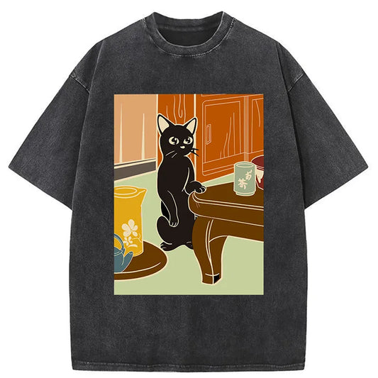 Tokyo-Tiger Black Cat and Tea Japanese Washed T-Shirt