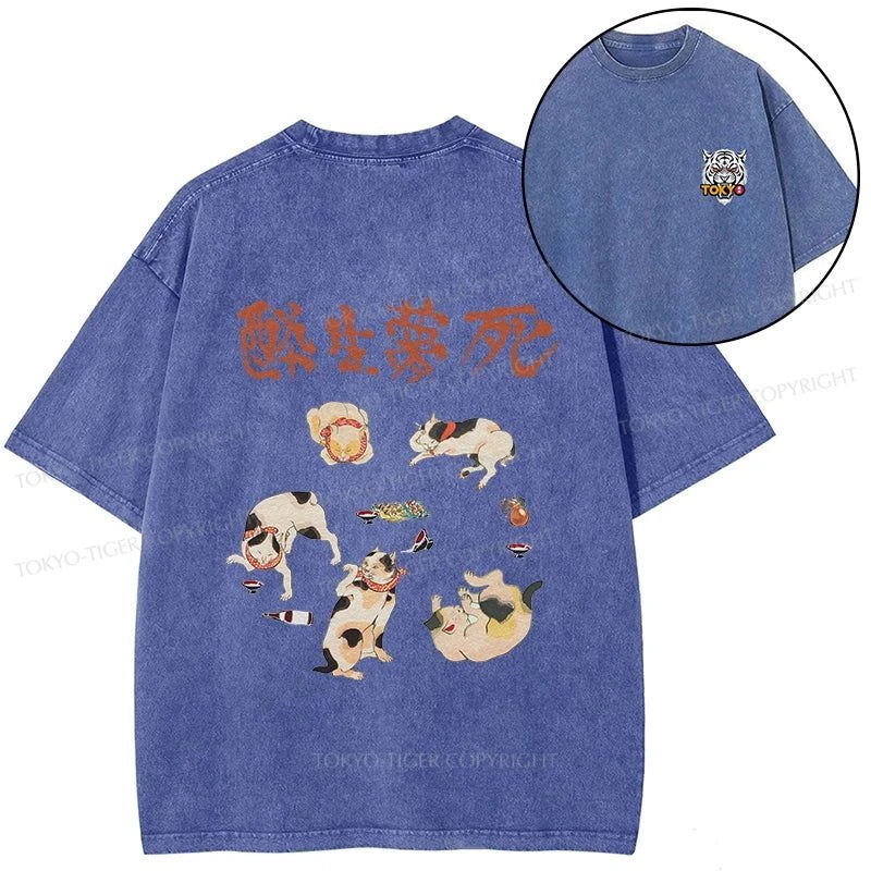 Tokyo-Tiger Drunken Cats Front Back Washed T-Shirt