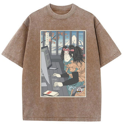 Tokyo-Tiger Samurai Computer Ukiyo-e Washed T-Shirt