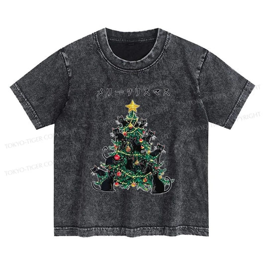 Tokyo-Tiger Meowy Christmas Tree Kids Washed T-Shirt