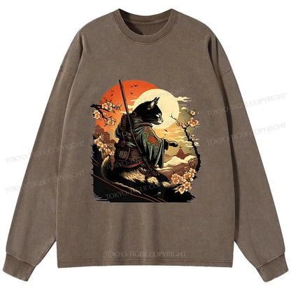 Tokyo-Tiger Cat Ninja Ukiyo-e Anime Style Samurai Washed Long Sleeve T-Shirt