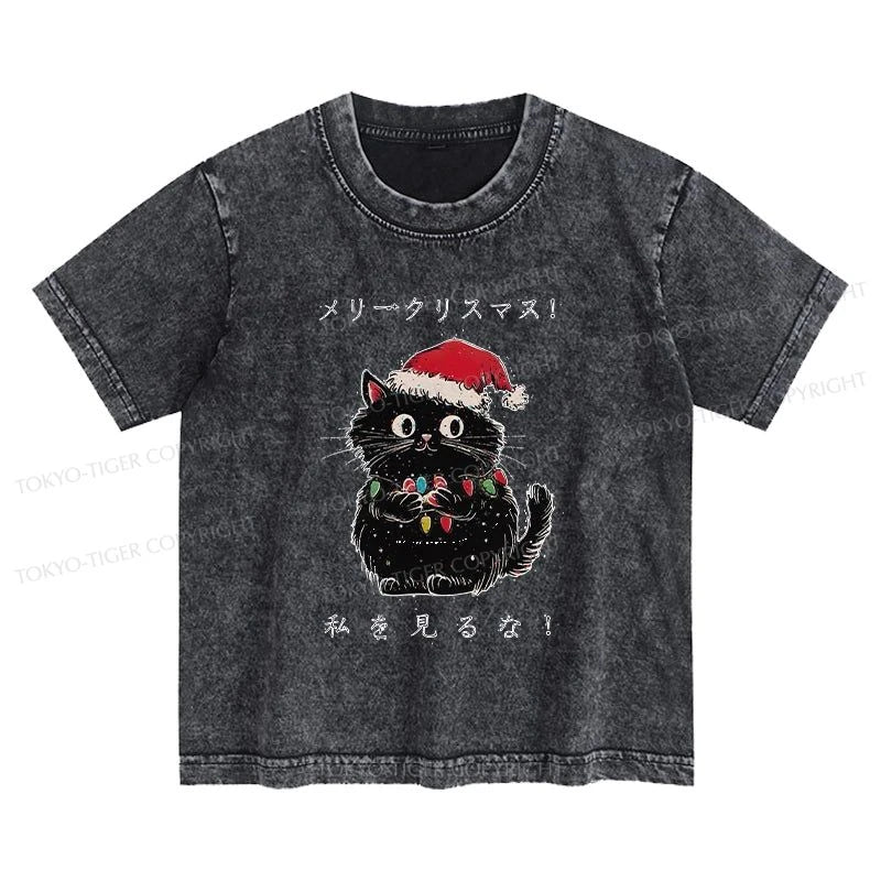 Tokyo-Tiger Black Cat Merry Fluffmas Kids Washed T-Shirt