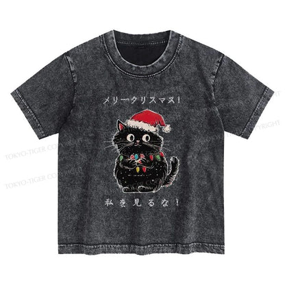 Tokyo-Tiger Black Cat Merry Fluffmas Kids Washed T-Shirt