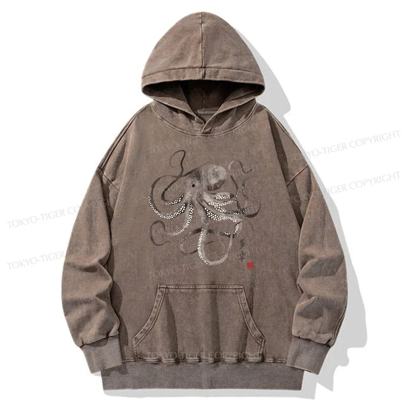 Tokyo-Tiger Octopus Japanese Calligraphy Washed Hoodie