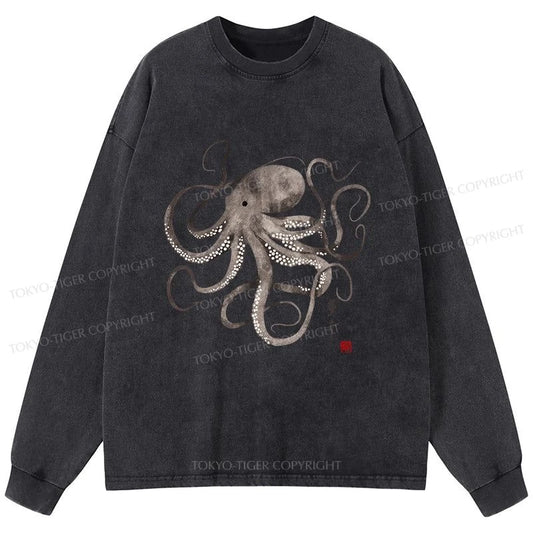 Tokyo-Tiger Octopus Japanese Calligraphy Washed Long Sleeve T-Shirt