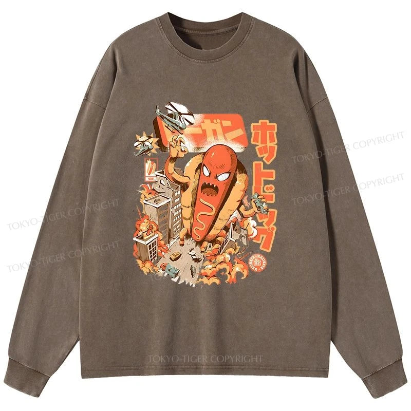 Tokyo-Tiger Great Hot Dog Kaiju Japanese Washed Long Sleeve T-Shirt