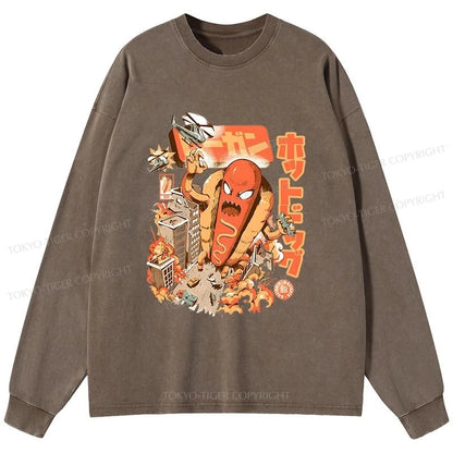 Tokyo-Tiger Great Hot Dog Kaiju Japanese Washed Long Sleeve T-Shirt