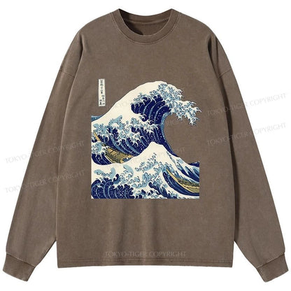 Tokyo-Tiger The Great Wave KanaGawa Washed Long Sleeve T-Shirt