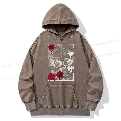 Tokyo-Tiger Skull Roses Japanese Aesthetic Washed Hoodie