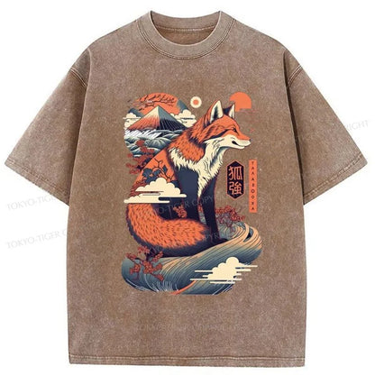 Tokyo-Tiger Japanese Kitsune Fox Wave Washed T-Shirt