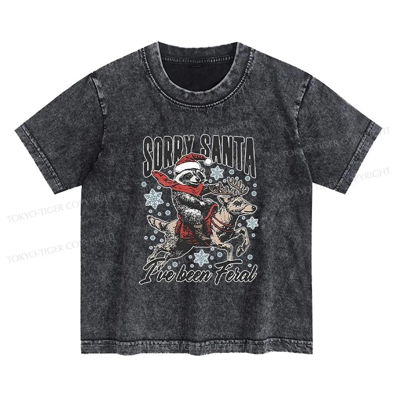 Tokyo-Tiger Funny Raccoon With Santa Kids Washed T-Shirt