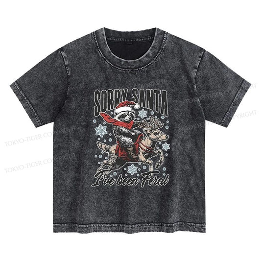 Tokyo-Tiger Funny Raccoon With Santa Kids Washed T-Shirt