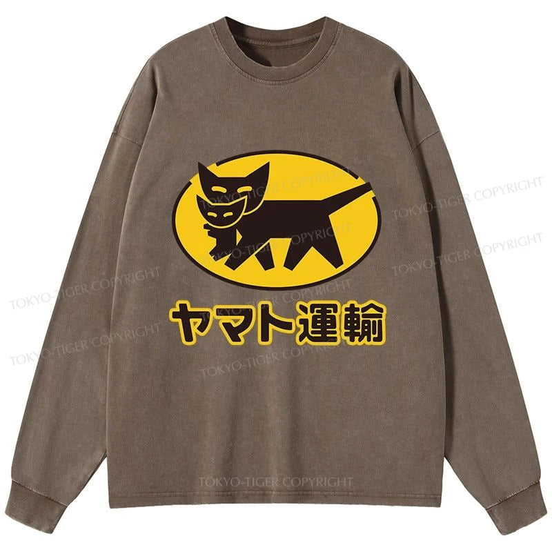 Tokyo-Tiger Black Cat Transport Pattern Japan Washed Long Sleeve T-Shirt