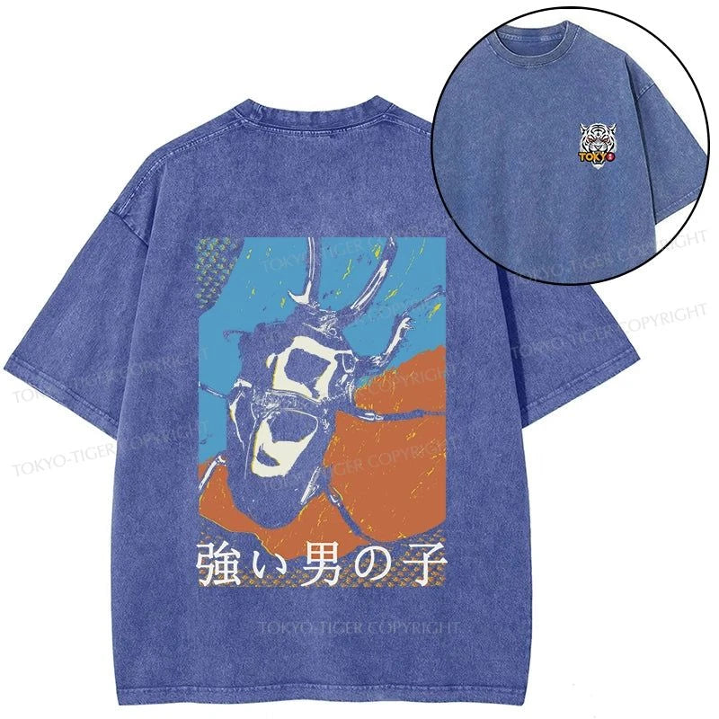 Tokyo-Tiger Strong Beetle Japanese Front Back Washed T-Shirt