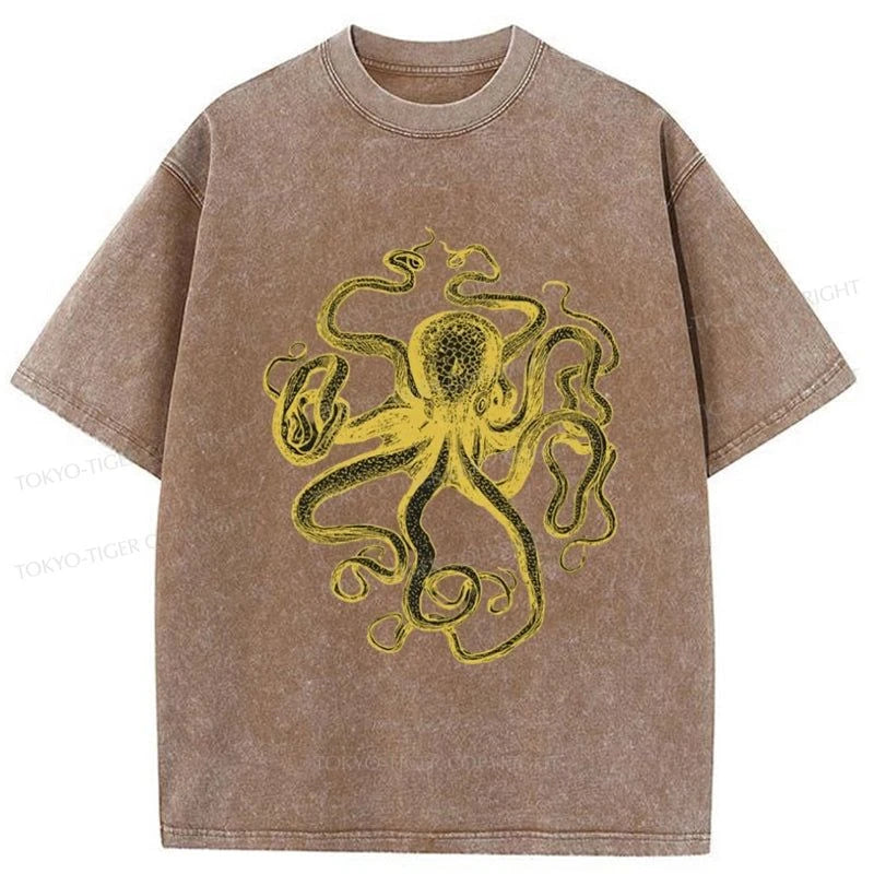 Tokyo-Tiger Golden Octopus Drawing Washed T-Shirt