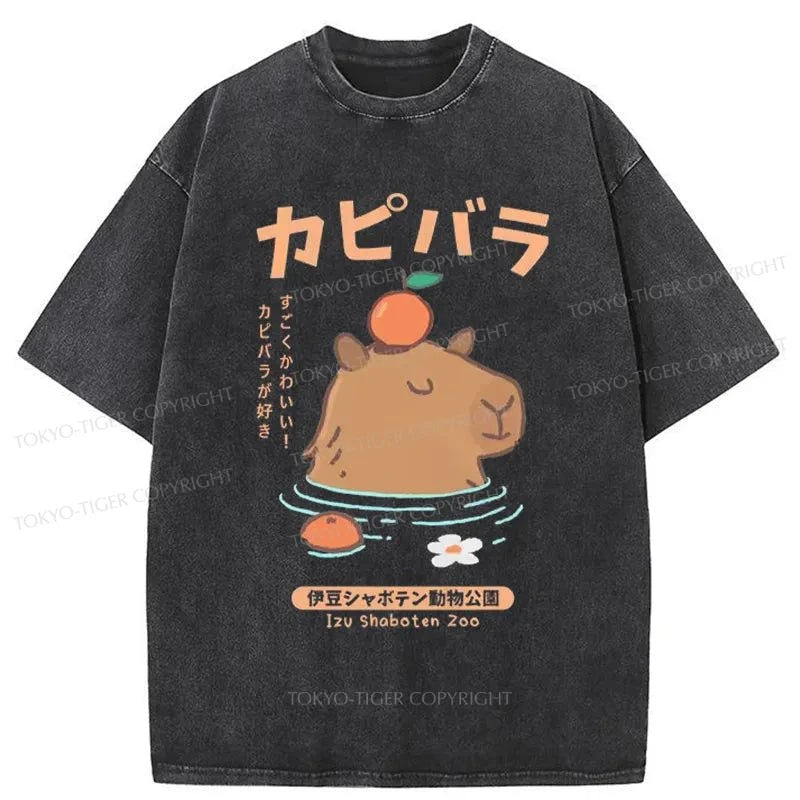 Tokyo-Tiger Capybara Soaking In Hot Springs Washed T-Shirt