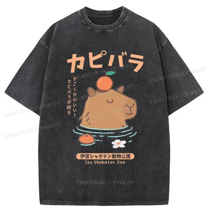 Tokyo-Tiger Capybara Soaking In Hot Springs Washed T-Shirt