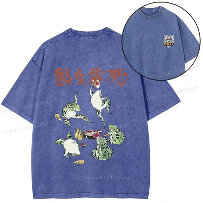 Tokyo-Tiger Japanese Frog Osake Kanji Front Back Washed T-Shirt