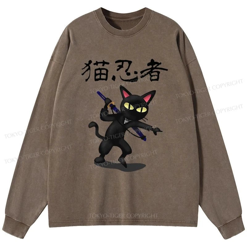 Tokyo-Tiger Ninja Cat Washed Long Sleeve T-Shirt