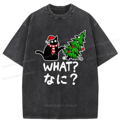 Tokyo-Tiger Naughty Cat Christmas Washed T-Shirt