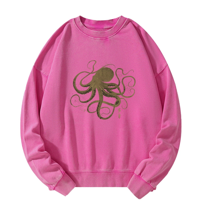 Tokyo-Tiger Octopus Japanese Gold Print Tattoo Washed Sweatshirt