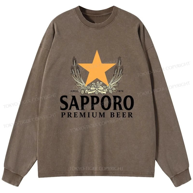 Tokyo-Tiger Sapporo Beer Logo Japanese Washed Long Sleeve T-Shirt