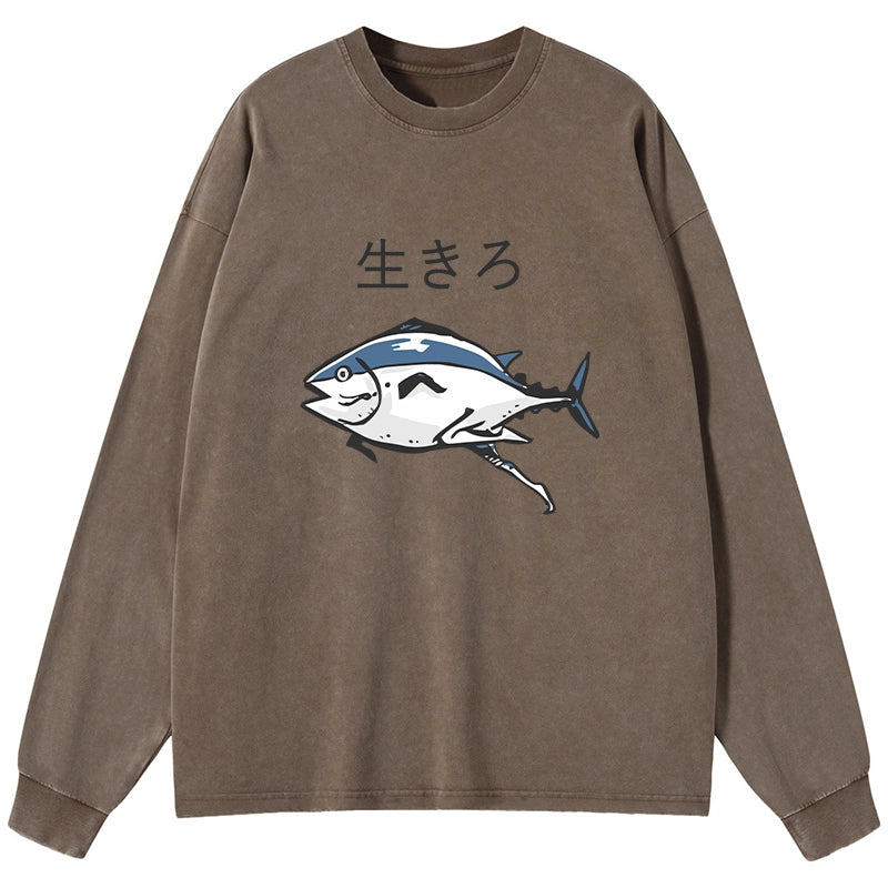 Tokyo-Tiger Running Fish Washed Long Sleeve T-Shirt