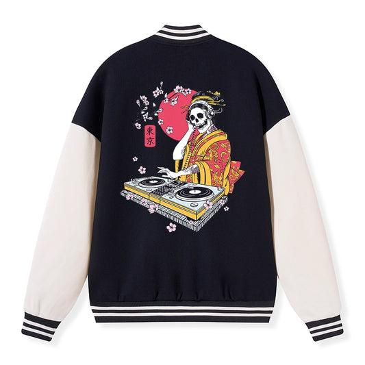 Tokyo-Tiger Japanese Geisha DJ Skull Embroidery Varsity Jacket