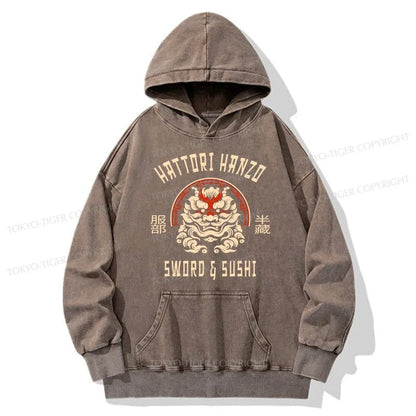 Tokyo-Tiger Hattori Hanzo Sword And Sushi Japanese Washed Hoodie