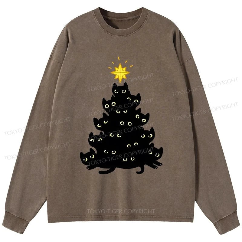 Tokyo-Tiger Black Cat Christmas Tree Washed Long Sleeve T-Shirt