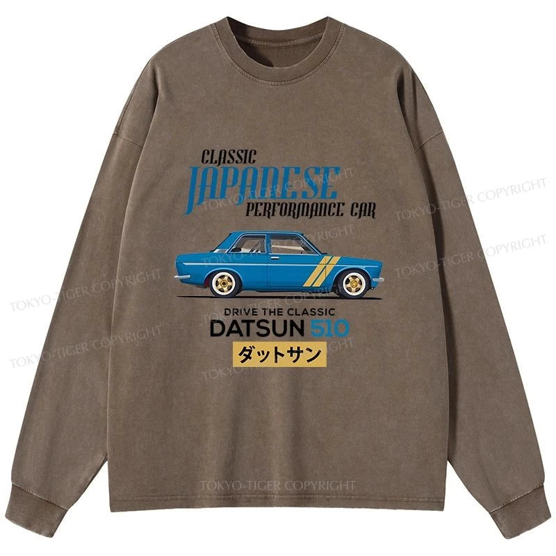 Tokyo-Tiger Datsun 510 - Classic Japanese Car Washed Long Sleeve T-Shirt