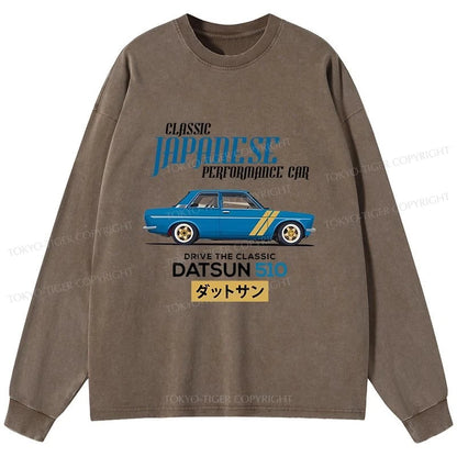 Tokyo-Tiger Datsun 510 - Classic Japanese Car Washed Long Sleeve T-Shirt