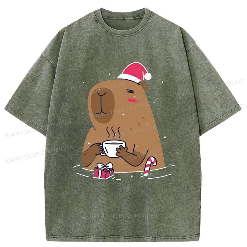 Tokyo-Tiger Santa Capybara In Christmas Washed T-Shirt