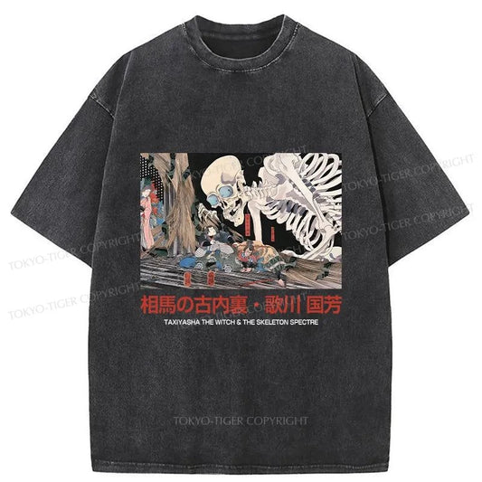 Tokyo-Tiger Japanese Skeleton Painting Retro Washed T-Shirt