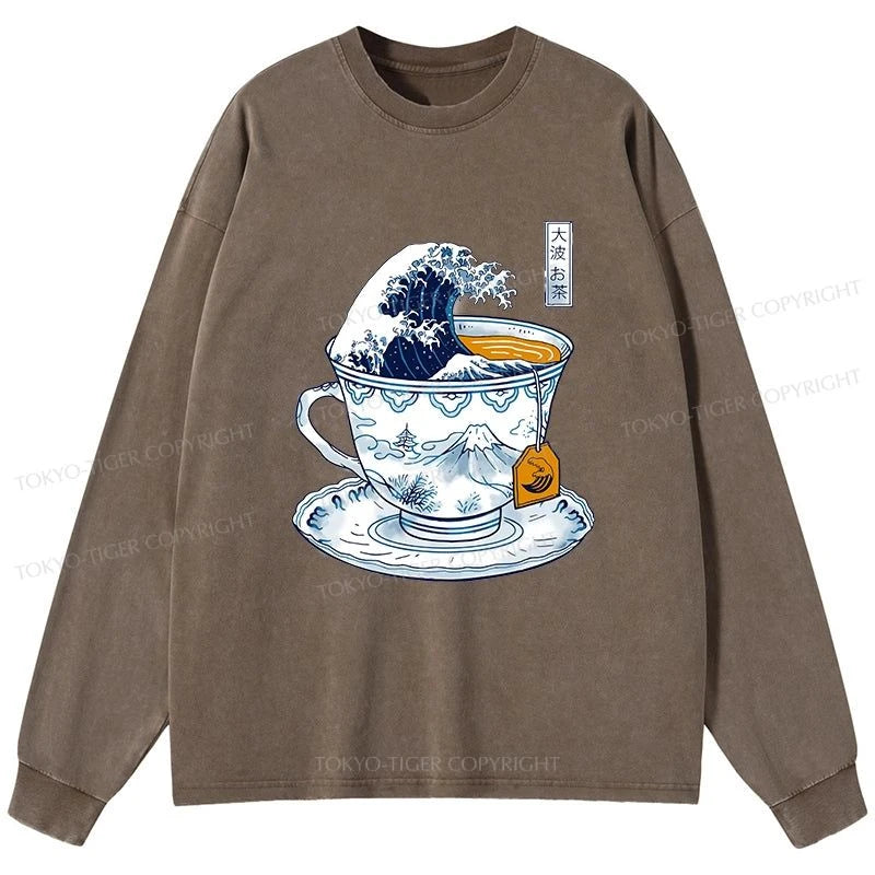 Tokyo-Tiger The Great Kanagawa Tea Wave Washed Long Sleeve T-Shirt